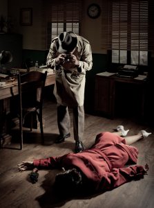 Photographer with vintage camera on crime scene with dead woman lying on the floor, film noir scene.