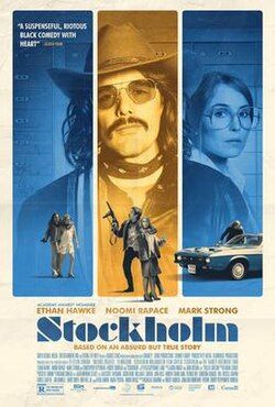 Filmaffisch för "Stockholm" med Ethan Hawke, Noomi Rapace och Mark Strong.